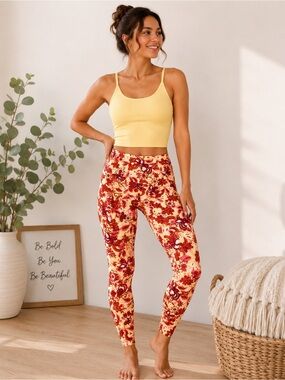 LuLaRoe Yellow Floral Print High-Rise Leggings with Red Accents